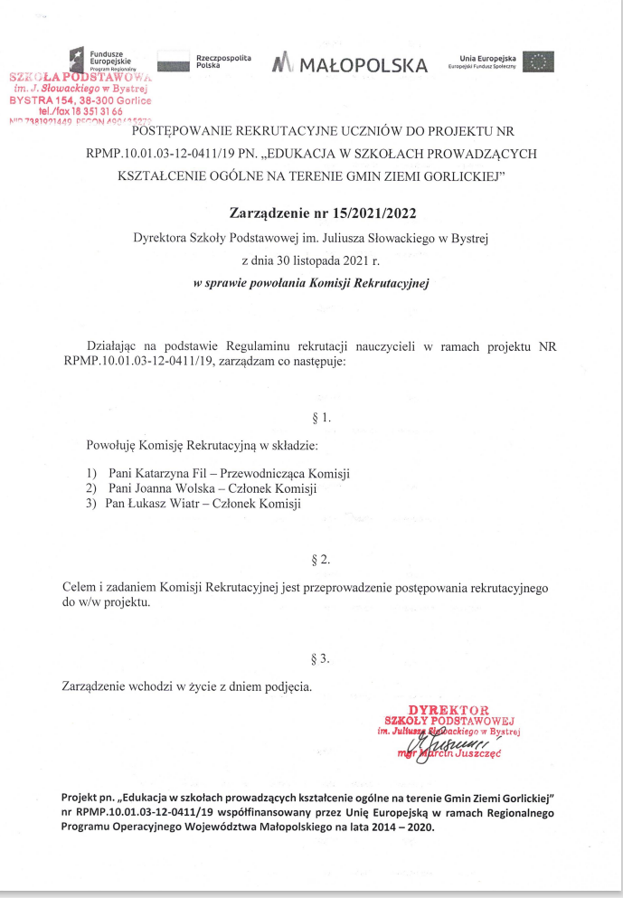 zarzadzenie w sprawie powolania komisji rekrutacyjnej nauczyciele