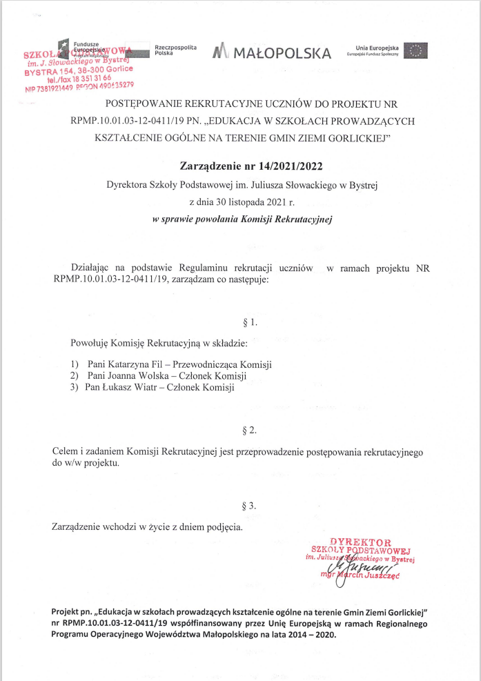 zarzadzenie w sprawie powolania komisji rekrutacyjnej uczniowie