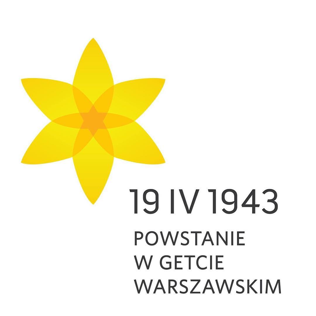 Inforgrafika. Żółty żonkil oraz data powstania 19 kwietnia 1943. Napis powstanie w getcie Warszawskim.