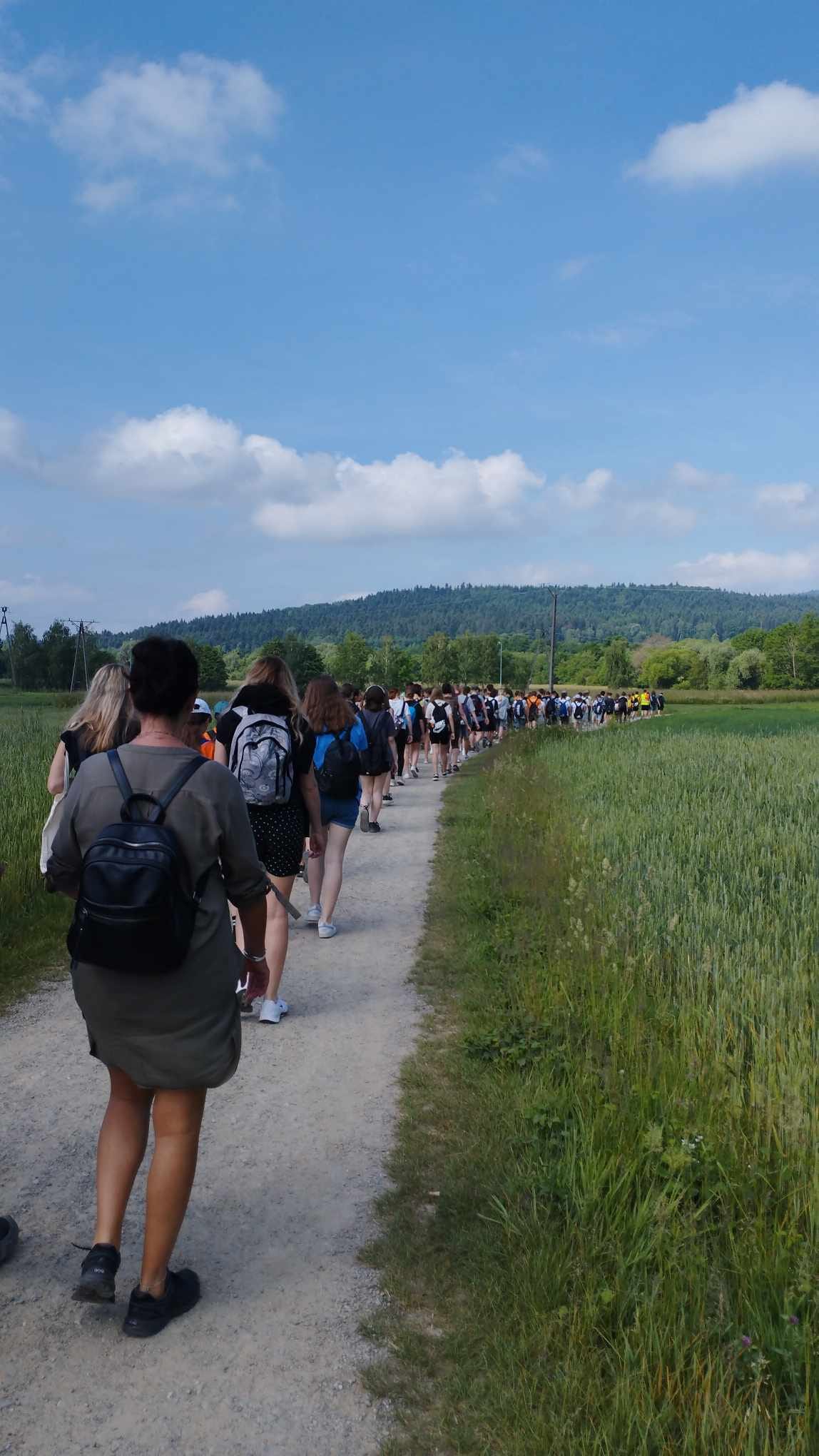 Uczniowie idą drogą wsród pól podczas drugiego rajdu wolontariuszy
