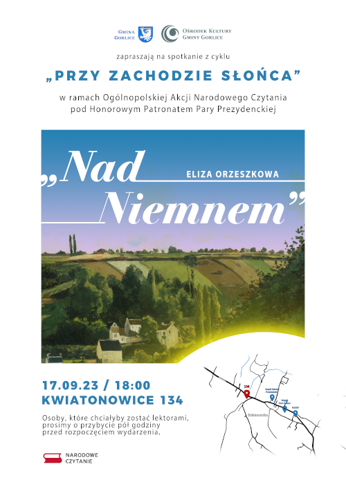 Plakat przy zachodzie słońca.